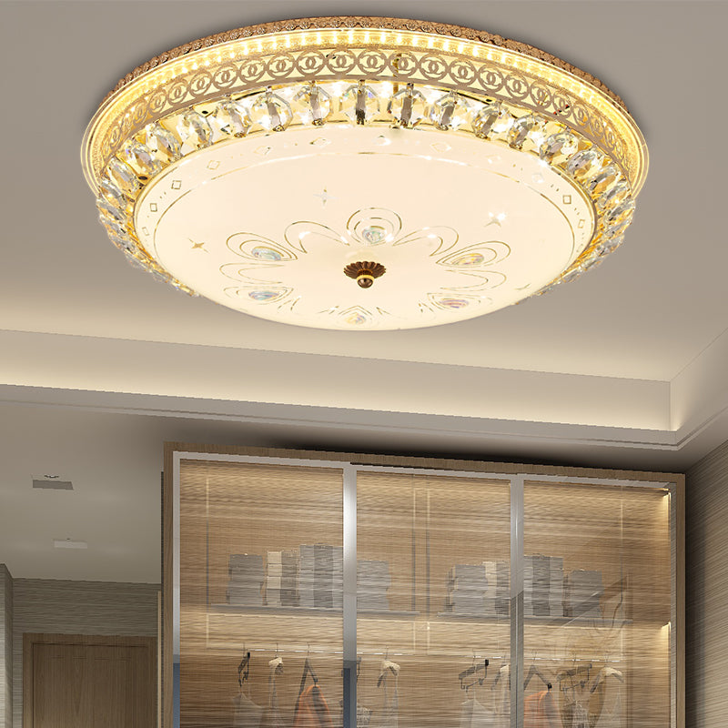 Modern Gold Flush Mount Ceiling Light with Opal Glass LED and Crystal Accent - 16"/19.5" W Round Flush Light for Bedroom