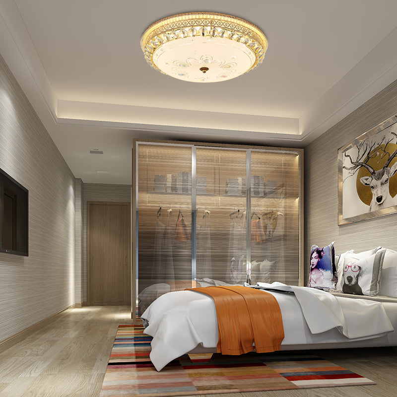 Modern Gold Flush Mount Ceiling Light with Opal Glass LED and Crystal Accent - 16"/19.5" W Round Flush Light for Bedroom