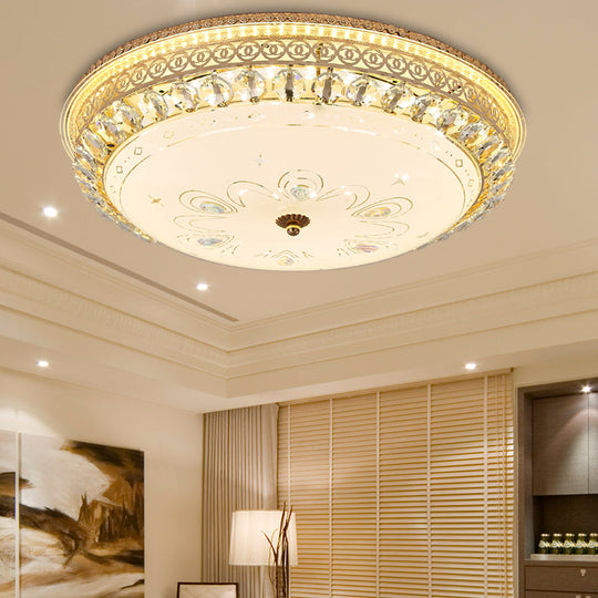 Modern Gold Flush Mount Ceiling Light with Opal Glass LED and Crystal Accent - 16"/19.5" W Round Flush Light for Bedroom