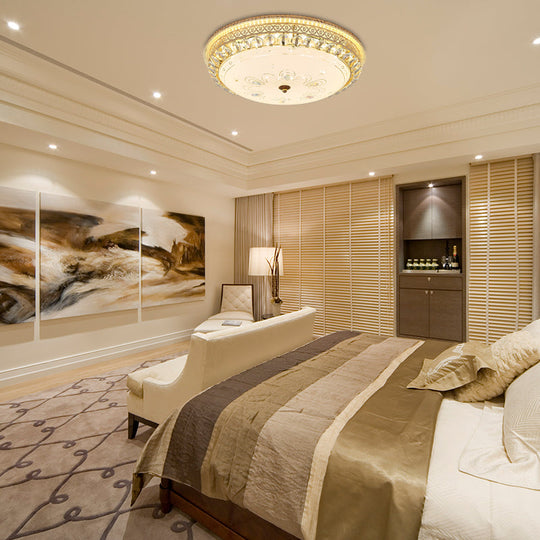 Modern Gold Flush Mount Ceiling Light with Opal Glass LED and Crystal Accent - 16"/19.5" W Round Flush Light for Bedroom