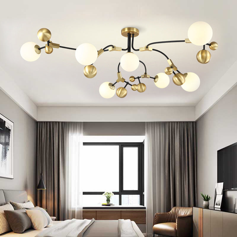 Modern Brass Ball Hanging Pendant Light with White Glass Shade - 2/5/7 Head Bedroom Chandelier