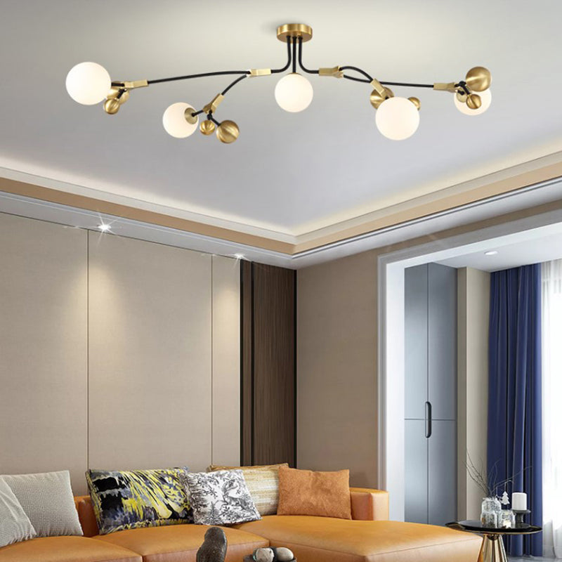 Modern Brass Ball Hanging Pendant Light with White Glass Shade - 2/5/7 Head Bedroom Chandelier