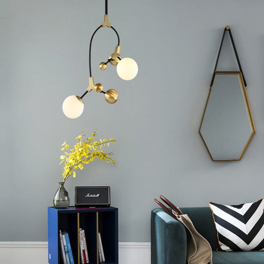 Modern Brass Ball Hanging Pendant Light with White Glass Shade - 2/5/7 Head Bedroom Chandelier