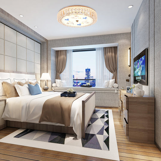 Golden Drum Flushmount Lighting: Modern Crystal and Glass Multi Light Ceiling Lamp (16"/19.5" W) with Flower Pattern