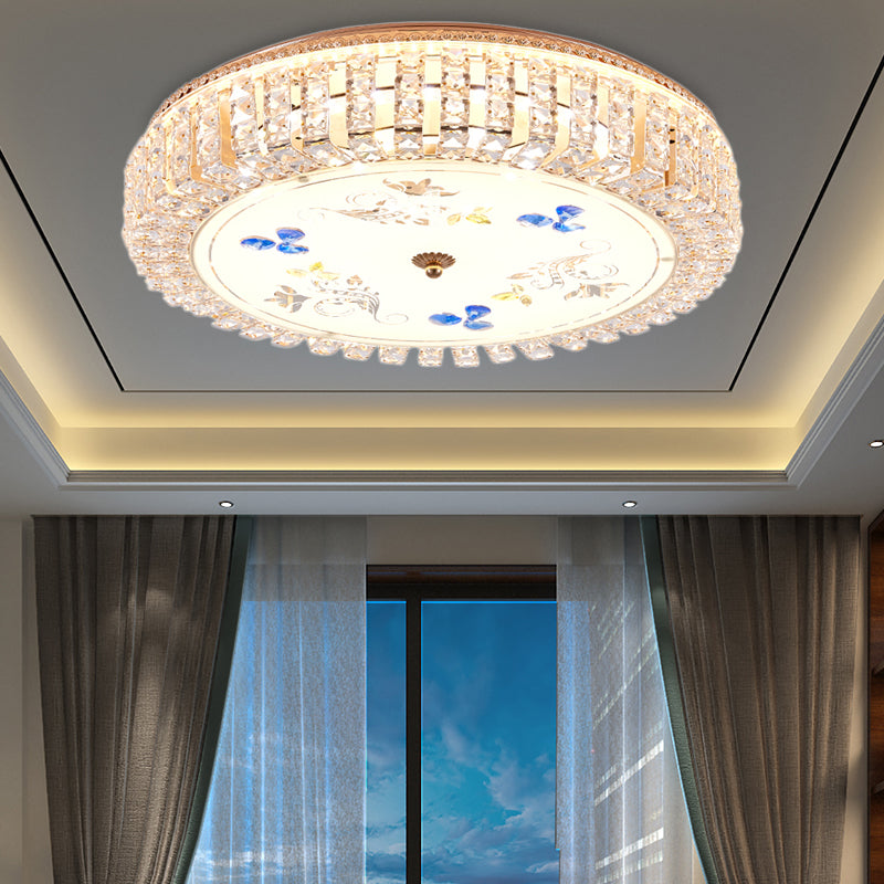 Golden Drum Flushmount Lighting: Modern Crystal and Glass Multi Light Ceiling Lamp (16"/19.5" W) with Flower Pattern