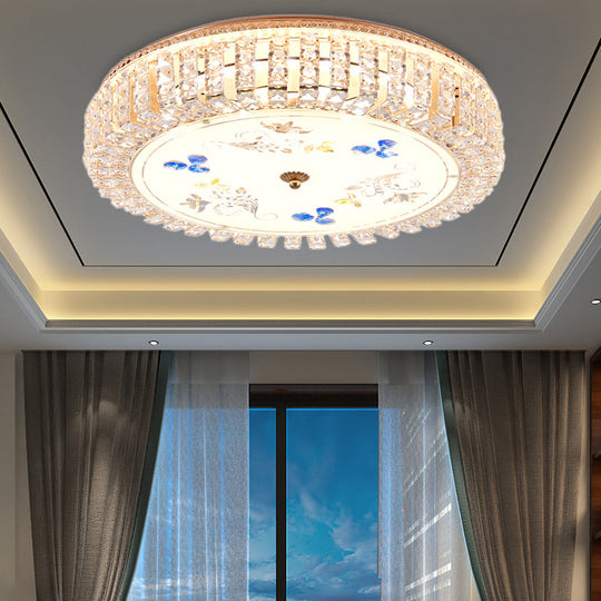 Golden Drum Flushmount Lighting: Modern Crystal and Glass Multi Light Ceiling Lamp (16"/19.5" W) with Flower Pattern