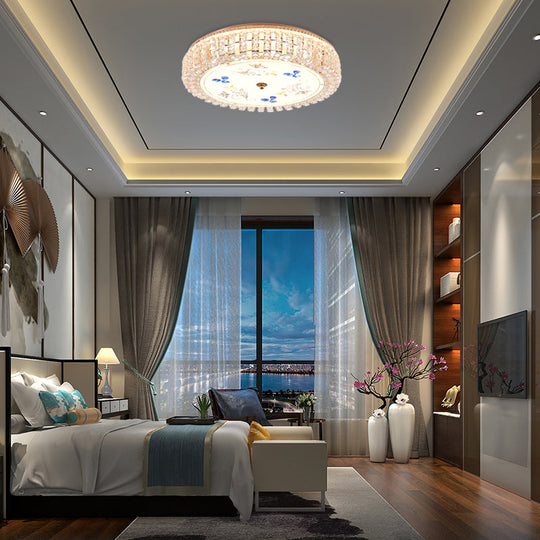 Golden Drum Flushmount Lighting: Modern Crystal and Glass Multi Light Ceiling Lamp (16"/19.5" W) with Flower Pattern