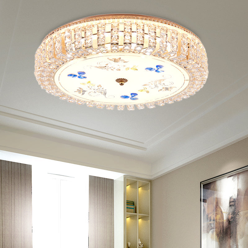 Golden Drum Flushmount Lighting: Modern Crystal and Glass Multi Light Ceiling Lamp (16"/19.5" W) with Flower Pattern