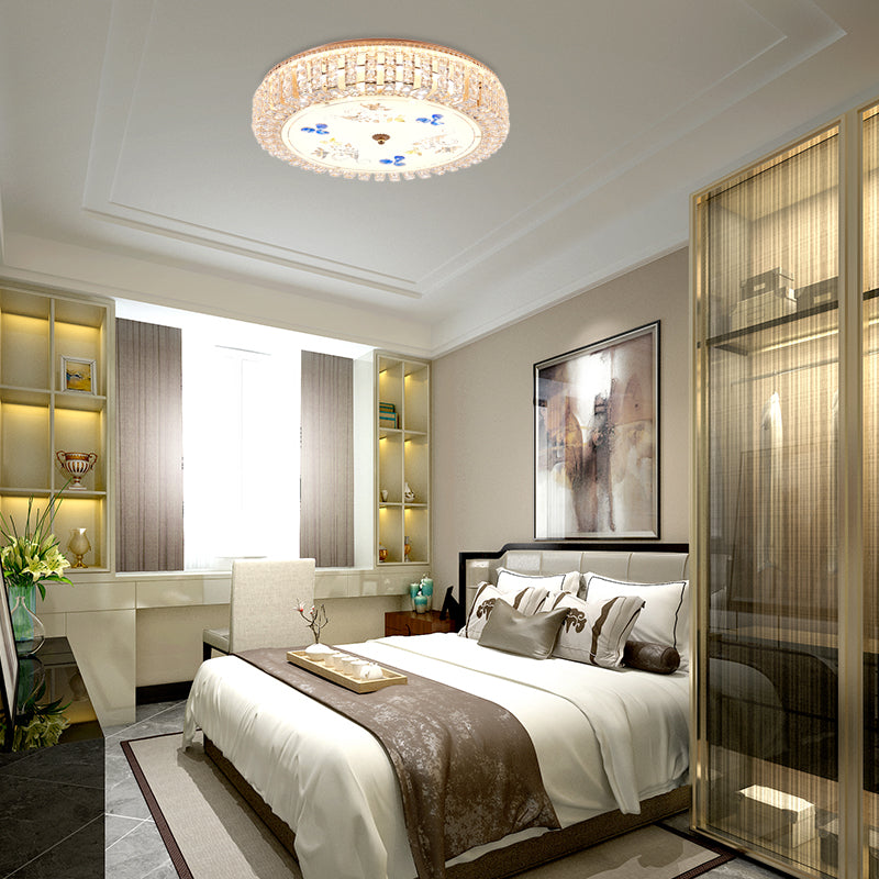 Golden Drum Flushmount Lighting: Modern Crystal and Glass Multi Light Ceiling Lamp (16"/19.5" W) with Flower Pattern