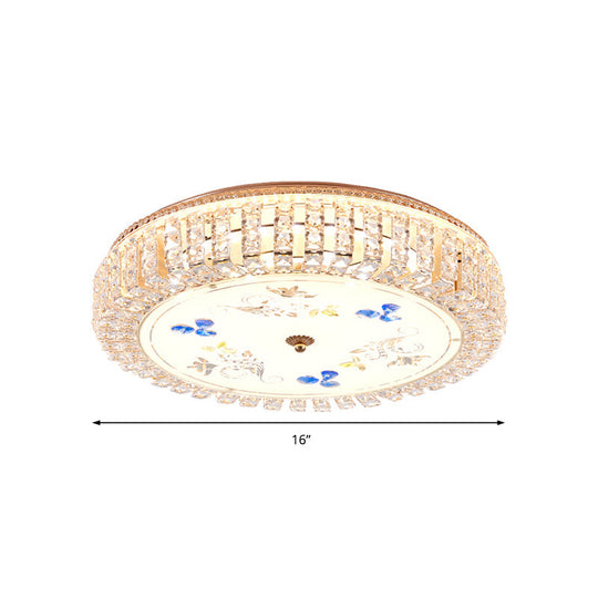 Golden Drum Flushmount Lighting: Modern Crystal and Glass Multi Light Ceiling Lamp (16"/19.5" W) with Flower Pattern