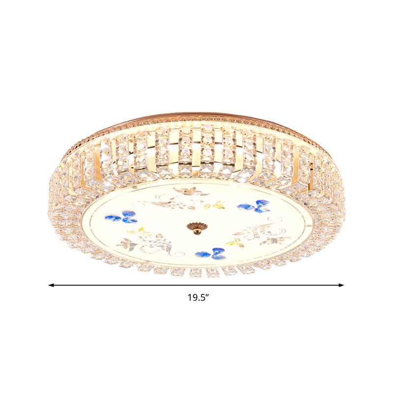 Golden Drum Flushmount Lighting: Modern Crystal and Glass Multi Light Ceiling Lamp (16"/19.5" W) with Flower Pattern
