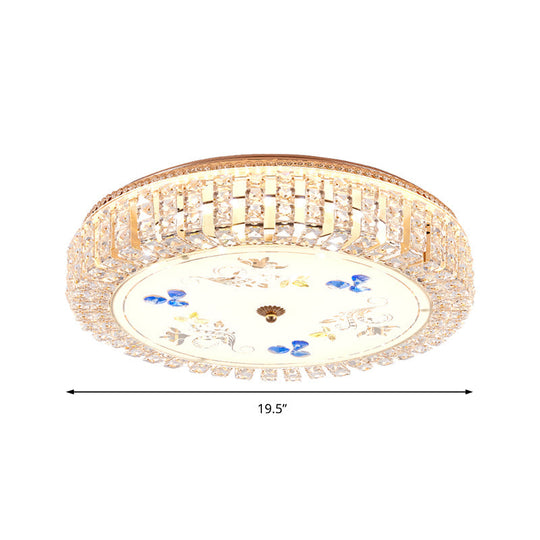 Golden Drum Flushmount Lighting: Modern Crystal and Glass Multi Light Ceiling Lamp (16"/19.5" W) with Flower Pattern