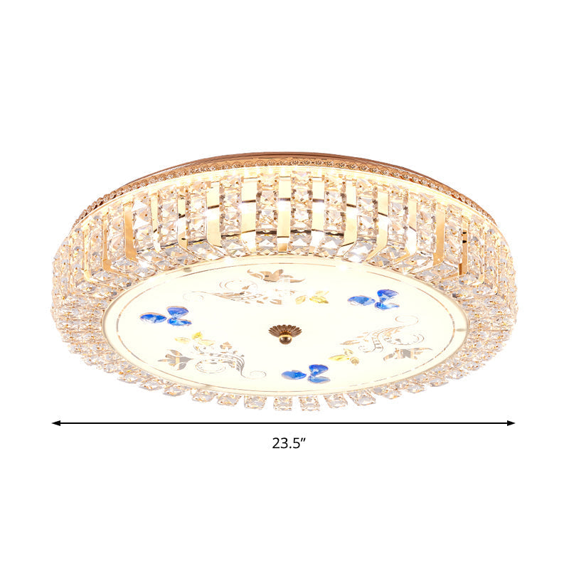 Golden Drum Flushmount Lighting: Modern Crystal and Glass Multi Light Ceiling Lamp (16"/19.5" W) with Flower Pattern