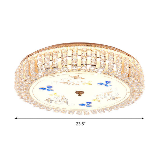 Golden Drum Flushmount Lighting: Modern Crystal and Glass Multi Light Ceiling Lamp (16"/19.5" W) with Flower Pattern
