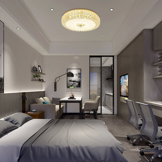 Golden Drum Flushmount Lighting: Modern Crystal and Glass Multi Light Ceiling Lamp (16"/19.5" W) with Flower Pattern