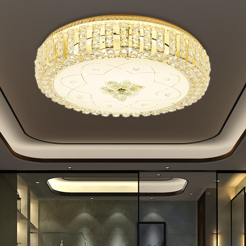 Golden Drum Flushmount Lighting: Modern Crystal and Glass Multi Light Ceiling Lamp (16"/19.5" W) with Flower Pattern