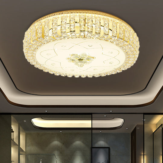 Golden Drum Flushmount Lighting: Modern Crystal and Glass Multi Light Ceiling Lamp (16"/19.5" W) with Flower Pattern