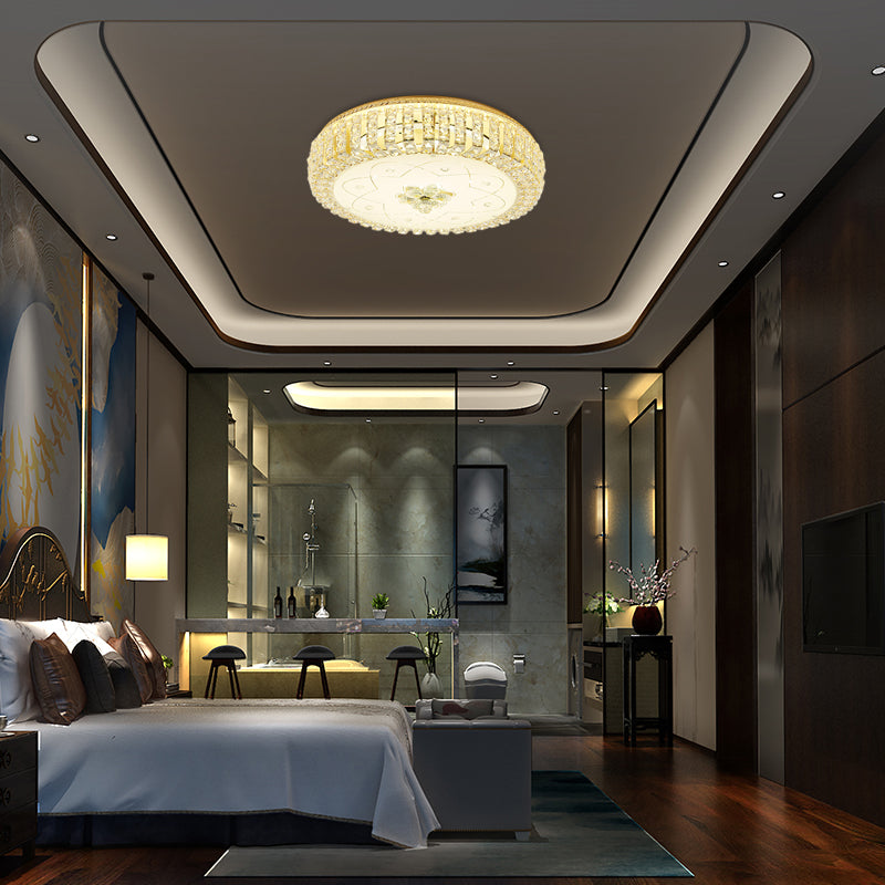 Golden Drum Flushmount Lighting: Modern Crystal and Glass Multi Light Ceiling Lamp (16"/19.5" W) with Flower Pattern