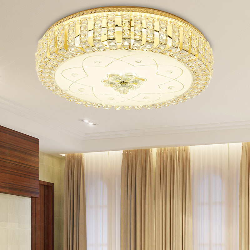 Golden Drum Flushmount Lighting: Modern Crystal and Glass Multi Light Ceiling Lamp (16"/19.5" W) with Flower Pattern