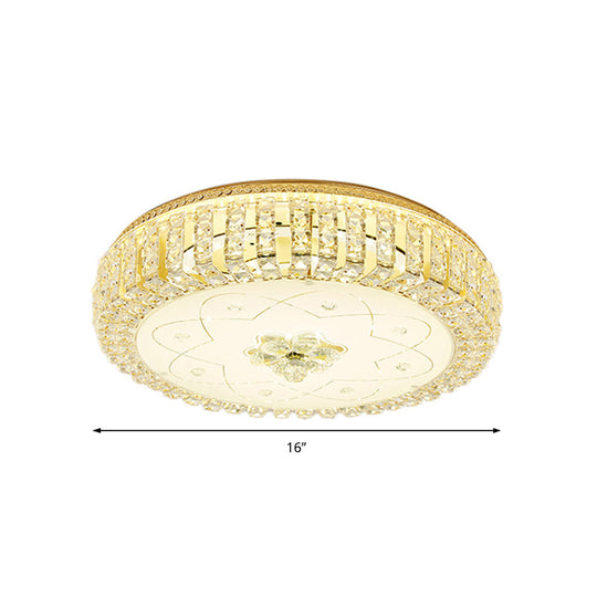 Golden Drum Flushmount Lighting: Modern Crystal and Glass Multi Light Ceiling Lamp (16"/19.5" W) with Flower Pattern