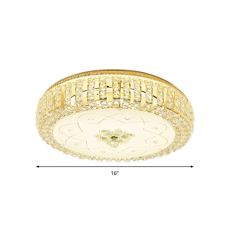 Golden Drum Flushmount Lighting: Modern Crystal and Glass Multi Light Ceiling Lamp (16"/19.5" W) with Flower Pattern