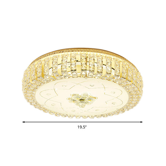 Golden Drum Flushmount Lighting: Modern Crystal and Glass Multi Light Ceiling Lamp (16"/19.5" W) with Flower Pattern