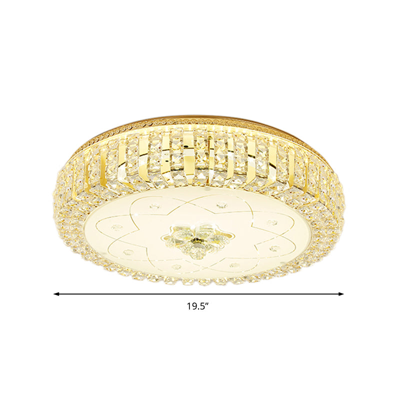 Golden Drum Flushmount Lighting: Modern Crystal and Glass Multi Light Ceiling Lamp (16"/19.5" W) with Flower Pattern