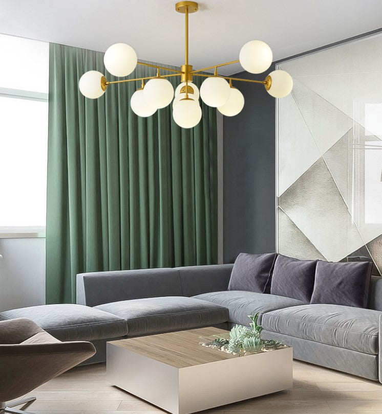 Modern Black/Gold Branch Chandelier - 7/9/11-Light Iron Pendant with White Glass Ball Shade