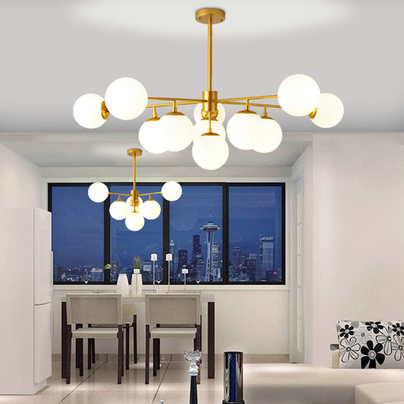 Modern Black/Gold Branch Chandelier - 7/9/11-Light Iron Pendant with White Glass Ball Shade