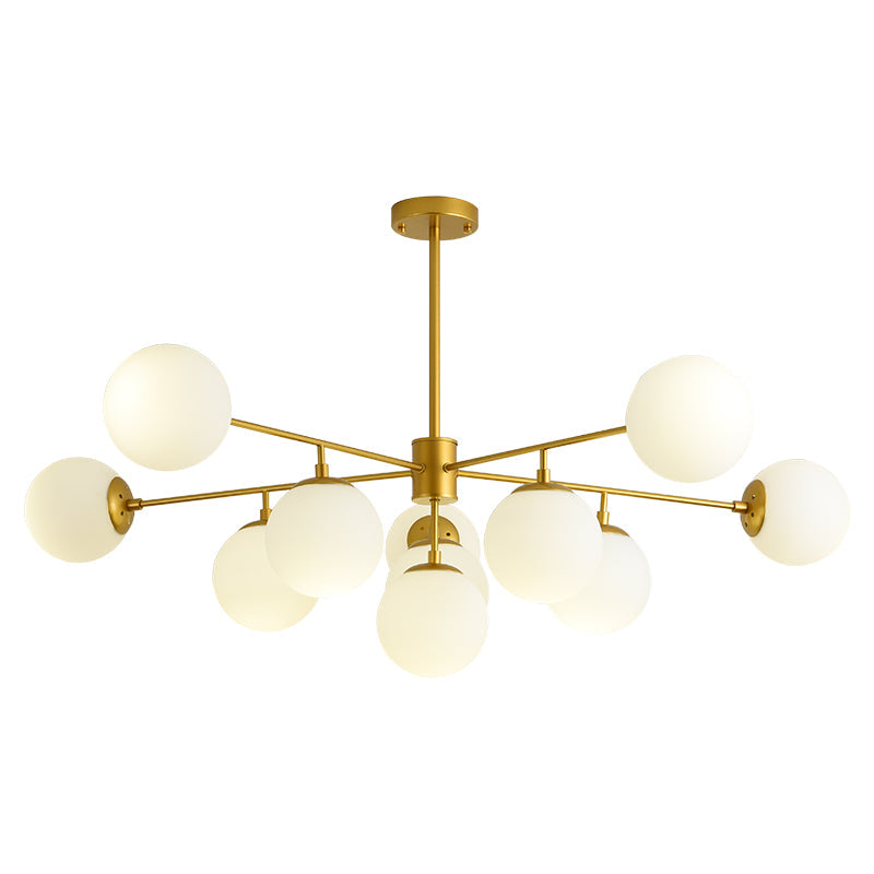 Modern Black/Gold Branch Chandelier - 7/9/11-Light Iron Pendant with White Glass Ball Shade