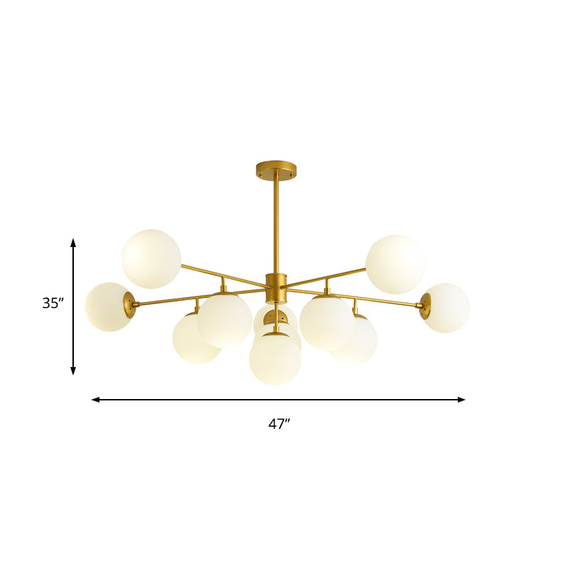 Modern Black/Gold Branch Chandelier - 7/9/11-Light Iron Pendant with White Glass Ball Shade