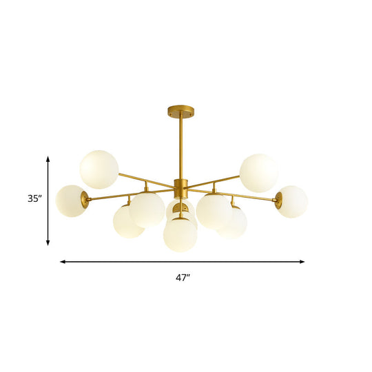 Modern Black/Gold Branch Chandelier - 7/9/11-Light Iron Pendant with White Glass Ball Shade