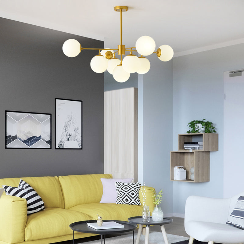 Modern Black/Gold Branch Chandelier - 7/9/11-Light Iron Pendant with White Glass Ball Shade