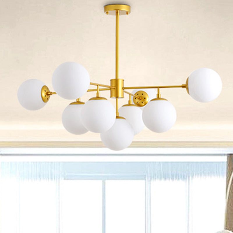 Modern Black/Gold Branch Chandelier - 7/9/11-Light Iron Pendant with White Glass Ball Shade