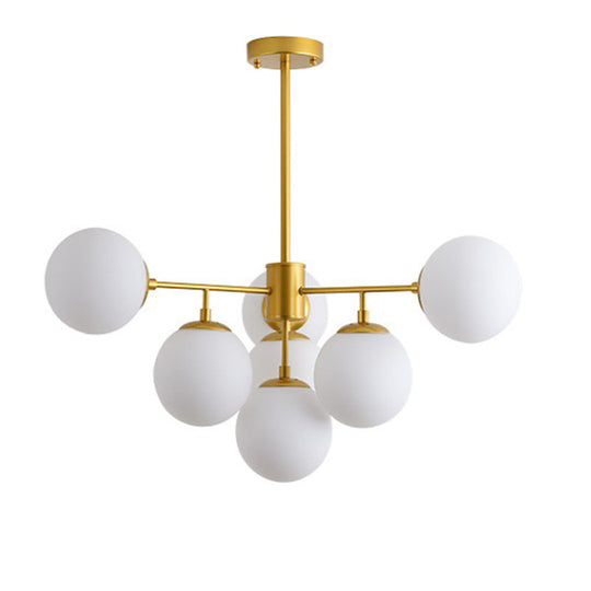 Modern Black/Gold Branch Chandelier - 7/9/11-Light Iron Pendant with White Glass Ball Shade