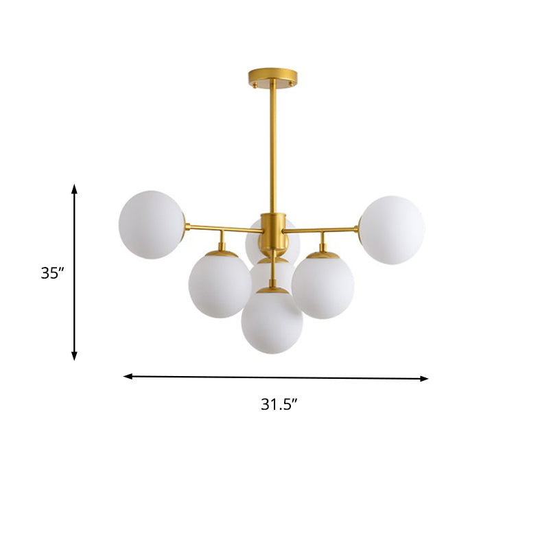 Modern Black/Gold Branch Chandelier - 7/9/11-Light Iron Pendant with White Glass Ball Shade