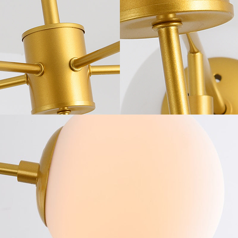 Modern Black/Gold Branch Chandelier - 7/9/11-Light Iron Pendant with White Glass Ball Shade