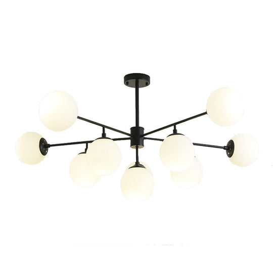 Modern Black/Gold Branch Chandelier - 7/9/11-Light Iron Pendant with White Glass Ball Shade