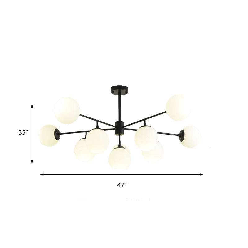 Modern Black/Gold Branch Chandelier - 7/9/11-Light Iron Pendant with White Glass Ball Shade