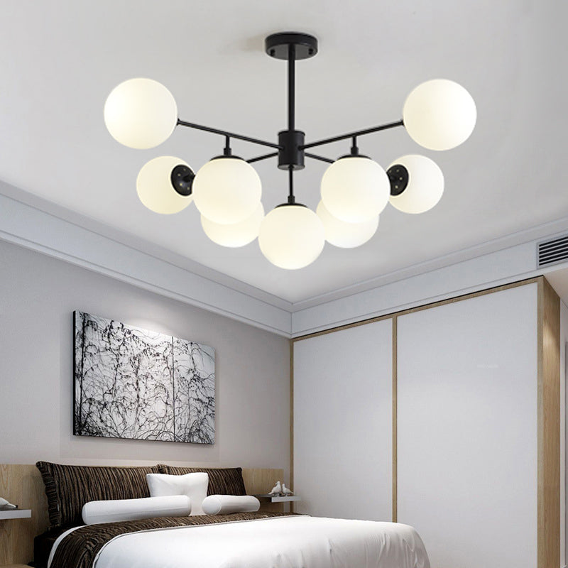 Modern Black/Gold Branch Chandelier - 7/9/11-Light Iron Pendant with White Glass Ball Shade