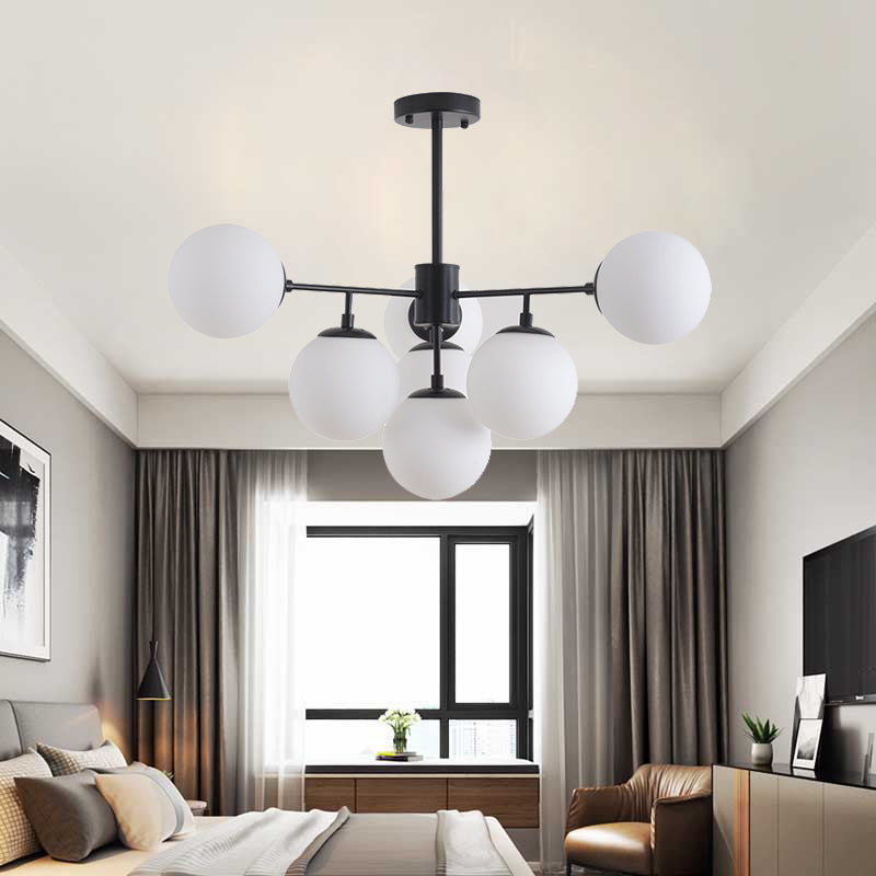 Modern Black/Gold Branch Chandelier - 7/9/11-Light Iron Pendant with White Glass Ball Shade