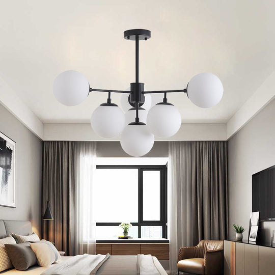 Modern Black/Gold Branch Chandelier - 7/9/11-Light Iron Pendant with White Glass Ball Shade