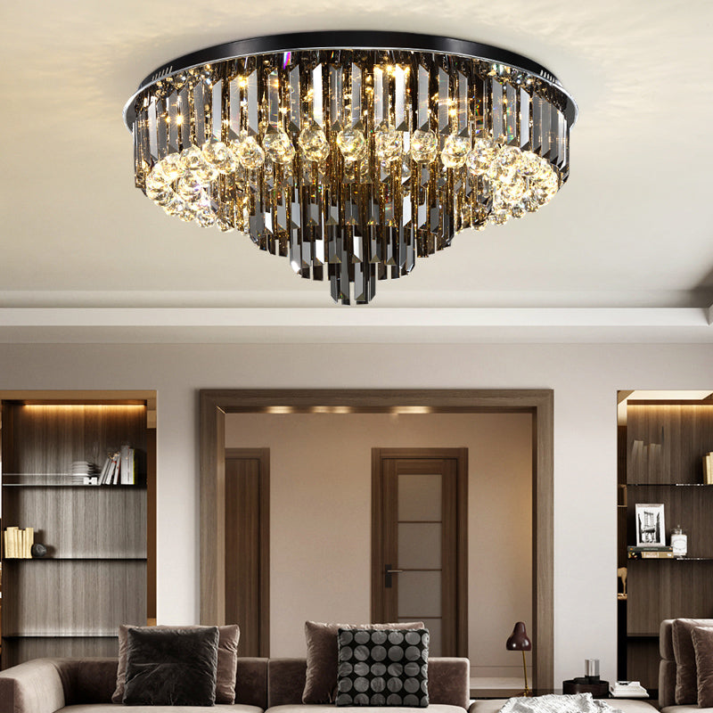 Modern Crystal LED Bedroom Ceiling Light - Smoke Gray Layered Flush-Mount Fixture, 19.5"/23.5" Wide