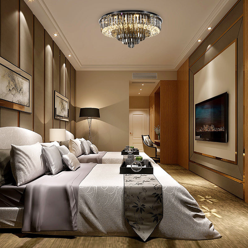 Modern Crystal LED Bedroom Ceiling Light - Smoke Gray Layered Flush-Mount Fixture, 19.5"/23.5" Wide