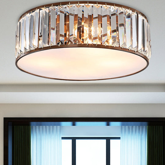 Modern Black/Bronze Flush Mount Bedroom Drum Light with Crystal Block - 12.5"/16.5" Width