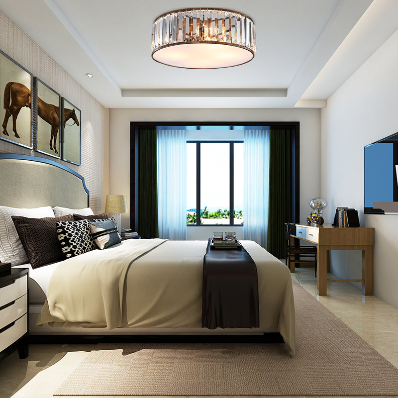 Modern Black/Bronze Flush Mount Bedroom Drum Light with Crystal Block - 12.5"/16.5" Width