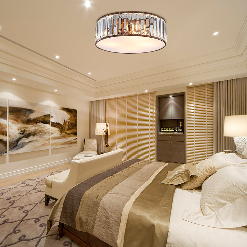 Modern Black/Bronze Flush Mount Bedroom Drum Light with Crystal Block - 12.5"/16.5" Width