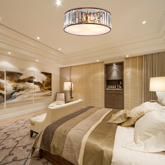 Modern Black/Bronze Flush Mount Bedroom Drum Light with Crystal Block - 12.5"/16.5" Width