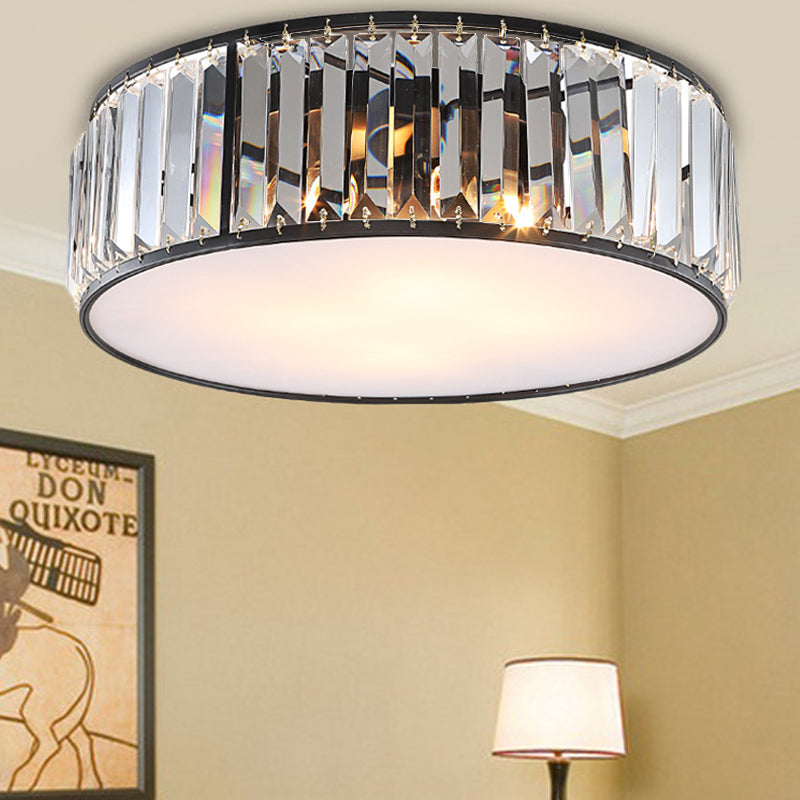 Modern Black/Bronze Flush Mount Bedroom Drum Light with Crystal Block - 12.5"/16.5" Width