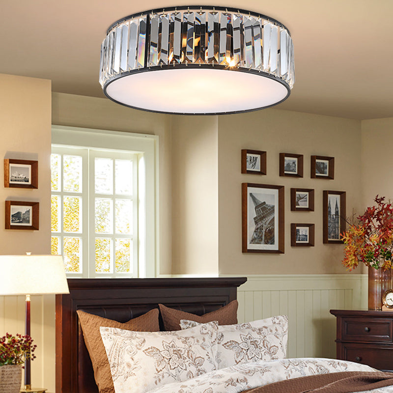 Modern Black/Bronze Flush Mount Bedroom Drum Light with Crystal Block - 12.5"/16.5" Width